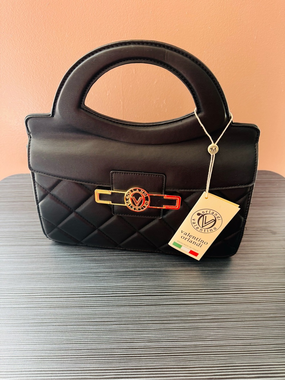 Valentino Orlandi Black Quilted Top-Handle Satchel with Gold Hardware